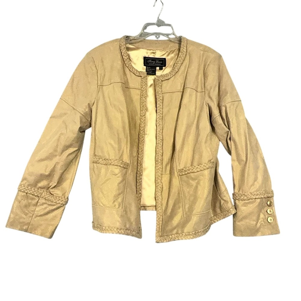 Terry Lewis Jacket Womens 1X Beige Leather Braided Trim Zip Pockets Lined Short